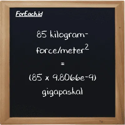 Cara konversi kilogram-force/meter<sup>2</sup> ke gigapaskal (kgf/m<sup>2</sup> ke GPa): 85 kilogram-force/meter<sup>2</sup> (kgf/m<sup>2</sup>) setara dengan 85 dikalikan dengan 9.8066e-9 gigapaskal (GPa)